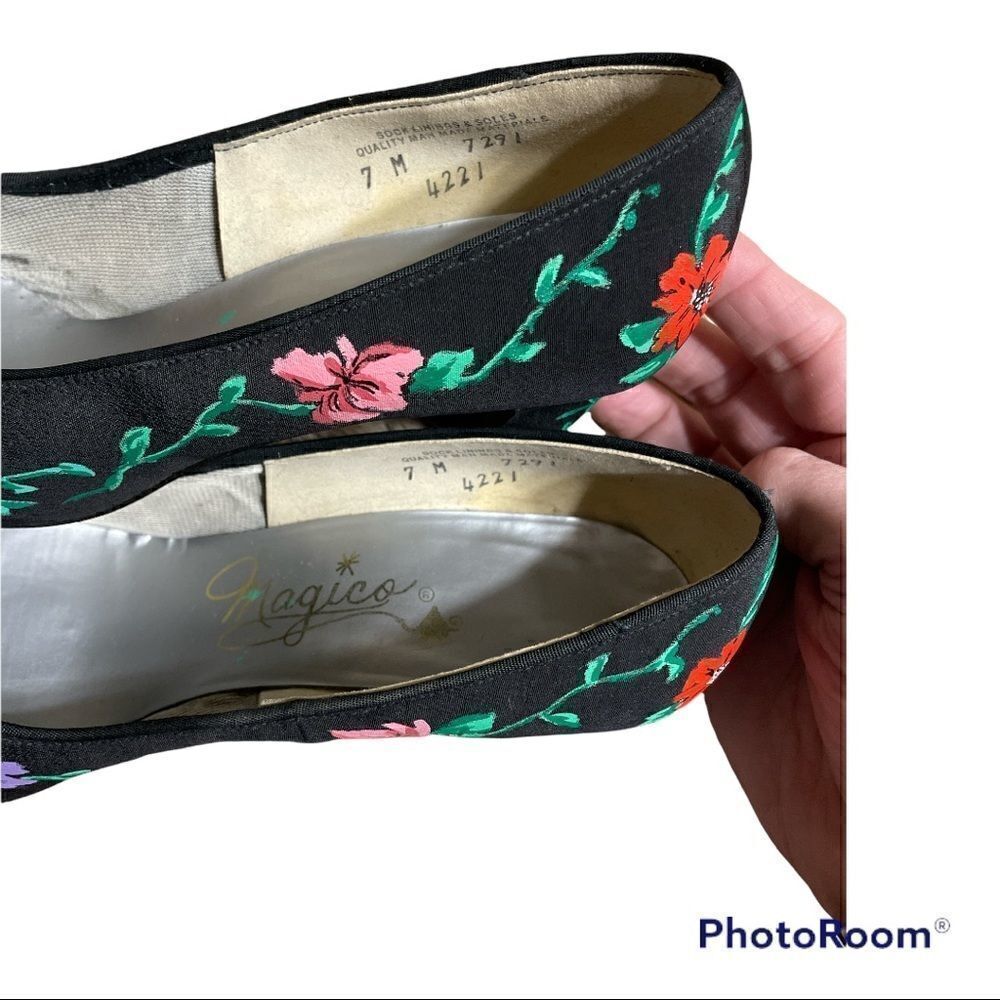 Vintage  80’s Floral Hand Painted Grosgrain fabric Black Heeled Pumps size 7 - Picture 9 of 12